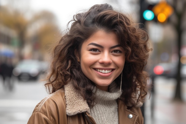 Une jeune femme hispanique souriant à la caméra alors qu'elle se tient sur un trottoir créé avec l'IA générative