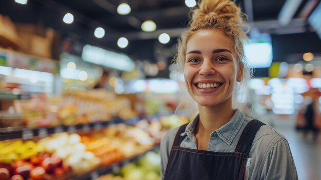 Photo une jeune femme hispanique, vendeuse, se tient avec les bras croisés au marché aux fruits.