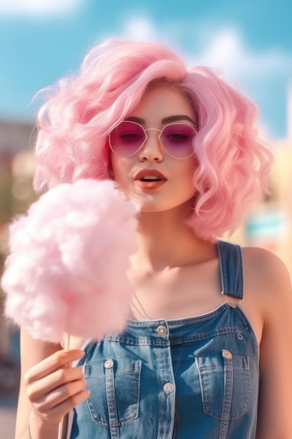 Jeune femme hispter aux cheveux roses marchant dans la rue en mangeant de la barbe à papa Generative AI