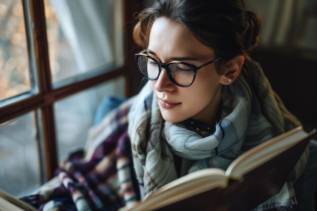 Une jeune femme immergée dans un coin de lecture confortable