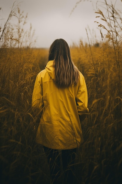 Jeune femme en imperméable jaune debout dans les hautes herbes et regardant ailleurs