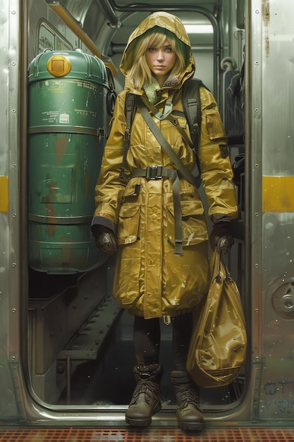 Photo jeune femme en imperméable jaune debout dans un wagon de métro avec un sac à dos