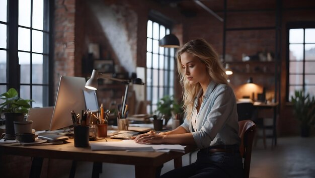 Jeune femme indépendante travaillant dans un bureau au grenier