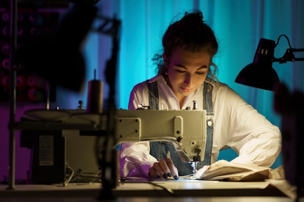 Jeune femme indépendante travaille sur une machine à coudre dans un petit atelier créatif créant des vêtements sur mesure