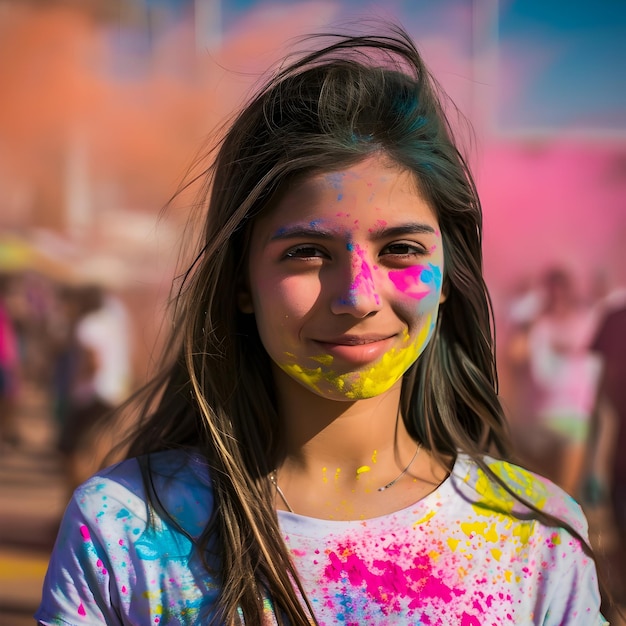 Une jeune femme indienne apprécie le festival de Holi couverte de poudres colorées.