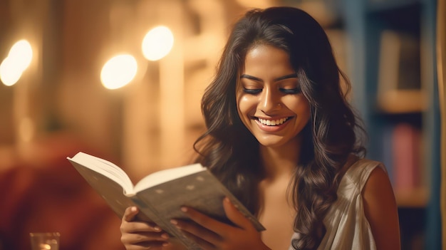 une jeune femme indienne en étudiant tenant un livre sur sa poitrine robe moderne souriante