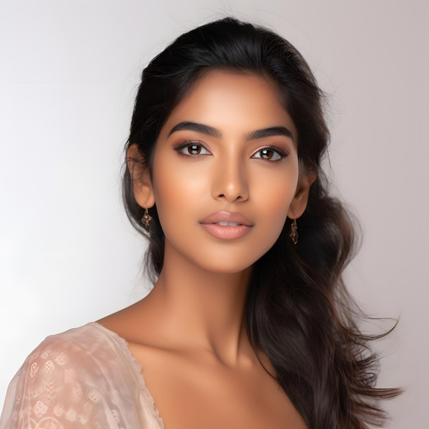 Photo jeune femme indienne sur un fond blanc le modèle regarde dans la caméra
