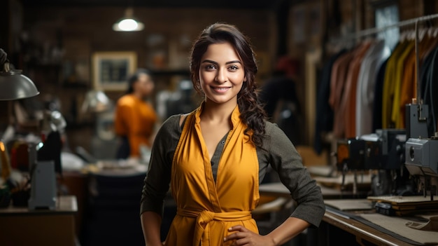 Jeune femme indienne heureuse, créatrice de mode, tailleur, debout au studio de design