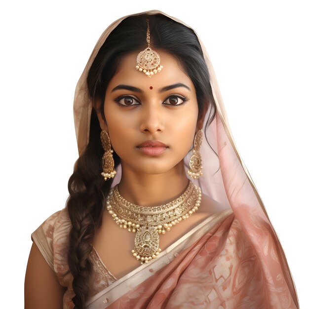 Photo jeune femme indienne avec un maquillage brillant dans des vêtements nationaux sur un fond blanc le modèle