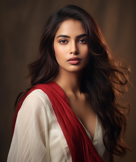 Jeune femme indienne portant un sari sur fond sombre IA générative