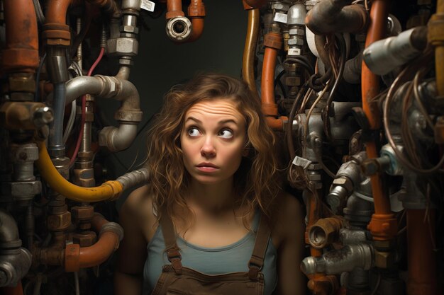 Une jeune femme inquiète regarde les tuyaux d'eau dans une chaufferie. Une belle femme plombier.