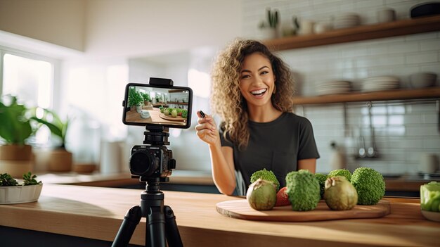 Une jeune femme installe une caméra pour enregistrer une vidéo d’elle parlant d’une alimentation saine