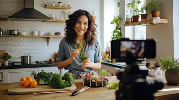 Une jeune femme installe une caméra pour enregistrer une vidéo d’elle parlant d’une alimentation saine