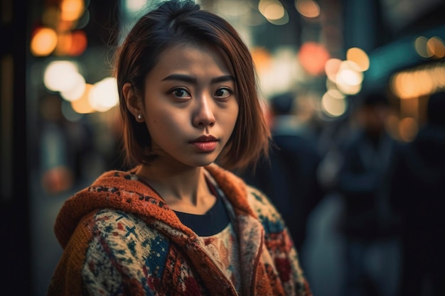 Une jeune femme japonaise dans la rue de Tokyo créée avec une IA générative