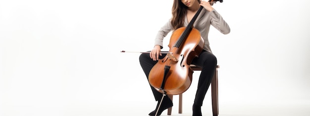 Jeune femme jouant du violoncelle sur fond blanc