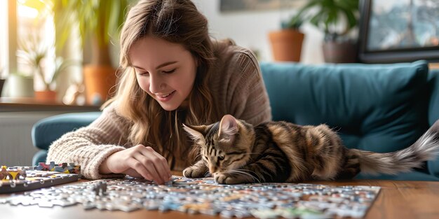 Une jeune femme jouant à un jeu de puzzle avec son chat lors d'une journée confortable, une activité de loisirs intérieure décontractée, une atmosphère familiale capturée par l'IA.