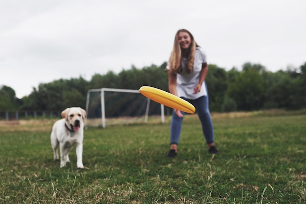 Jeune femme jouant avec son labrador dans un parc. Elle jette le disque de frisbee jaune. Chien essaie de l'attraper