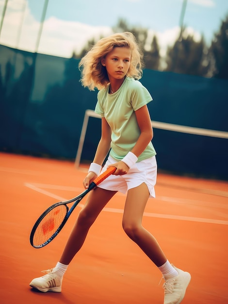 Photo une jeune femme joue au tennis sur le terrain.