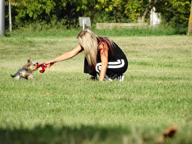 Une jeune femme joue avec un chien sur le terrain.