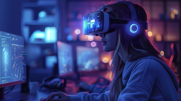 Une jeune femme joue à des jeux en utilisant un casque de réalité virtuelle dans une pièce sombre