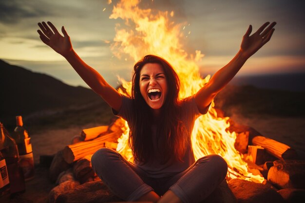 Photo une jeune femme jouissant d'un feu de joie à l'extérieur