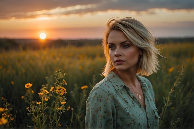 Photo une jeune femme jouissant d'un moment de paix dans un champ de fleurs sauvages au coucher du soleil