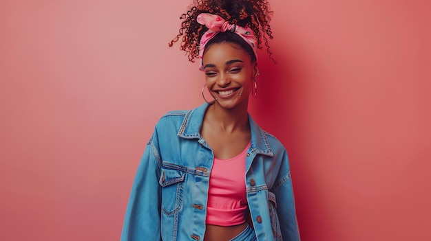 Une jeune femme joyeuse aux cheveux bouclés portant un bandeau rose et une veste en jean sourit heureuse sur un fond rose