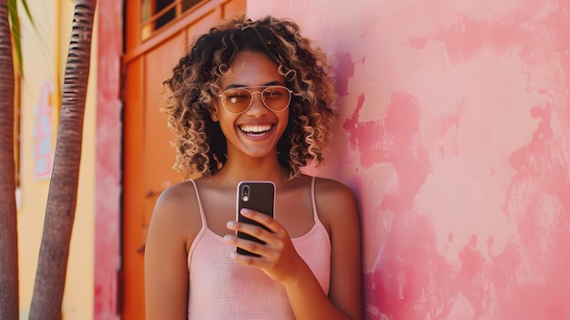 Une jeune femme joyeuse aux cheveux bouclés qui rit en envoyant des messages sur son téléphone.