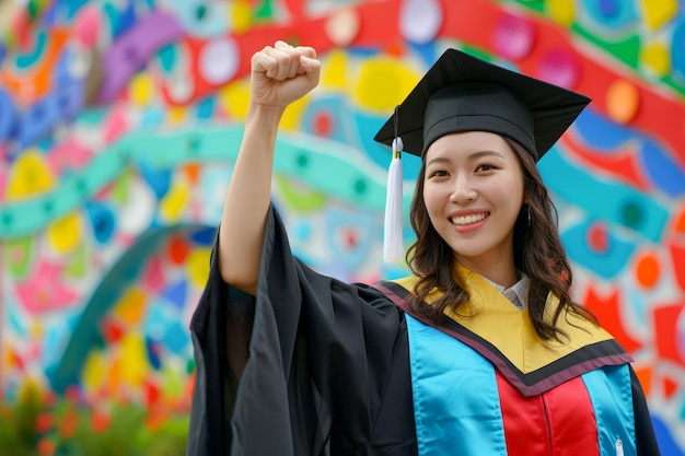 Photo une jeune femme joyeuse célèbre le jour de la remise des diplômes avec une casquette et une robe devant un fond coloré