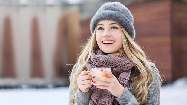 Une jeune femme joyeuse avec un chapeau et une écharpe avec une tasse de boisson.