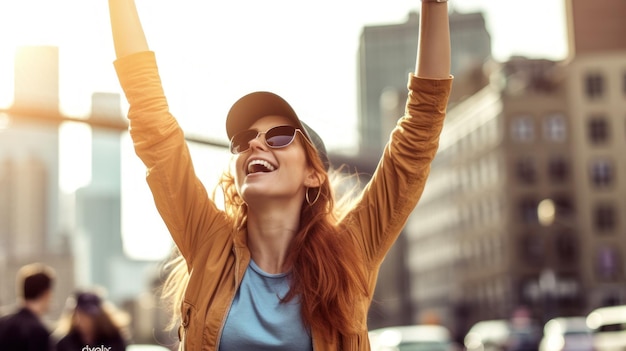 Une jeune femme joyeuse lève les bras et sourit en marchant dans la ville AI générative