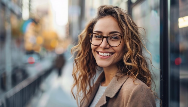 Une jeune femme joyeuse avec des lunettes dans la rue de la ville