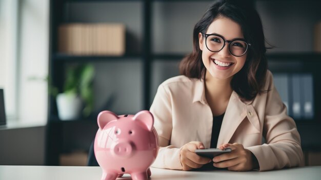 Une jeune femme joyeuse portant des lunettes assise à un bureau avec une tirelire rose