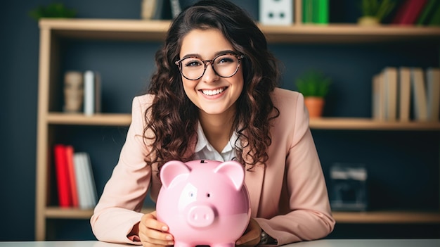 Une jeune femme joyeuse portant des lunettes assise à un bureau avec une tirelire rose