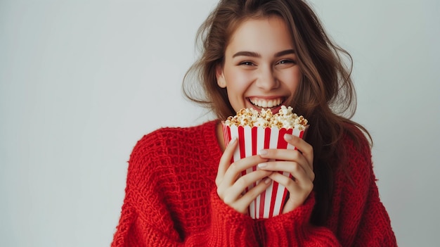 Une jeune femme joyeuse en pull rouge dégustant du pop-corn de la boîte de cinéma