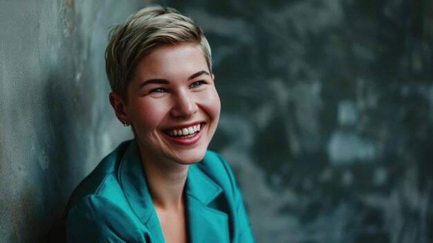 Photo une jeune femme joyeuse souriante contre un fond mural.