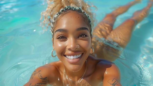 Une jeune femme joyeuse avec un sourire vif profitant d'une journée ensoleillée dans la piscine d'eau éclaboussée