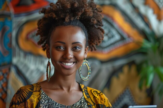 Une jeune femme joyeuse avec une tablette numérique rayonnant de positivité dans un environnement de bureau contemporain