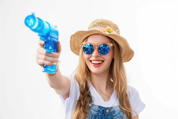 Photo une jeune femme joyeuse tenant un pistolet à eau bleue une tenue d'été décontractée