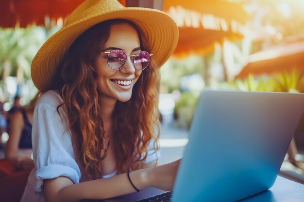 Une jeune femme joyeuse travaillant sur un ordinateur portable en vacances IA générative