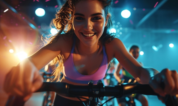 Une jeune femme joyeuse sur un vélo d'intérieur stationnaire en cours de cyclisme avec une atmosphère dramatique