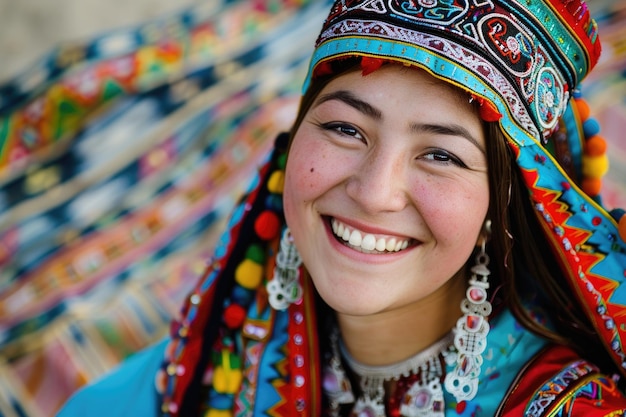 Une jeune femme kazakh joyeuse et belle vêtue de vêtements traditionnels fête le Nowruz