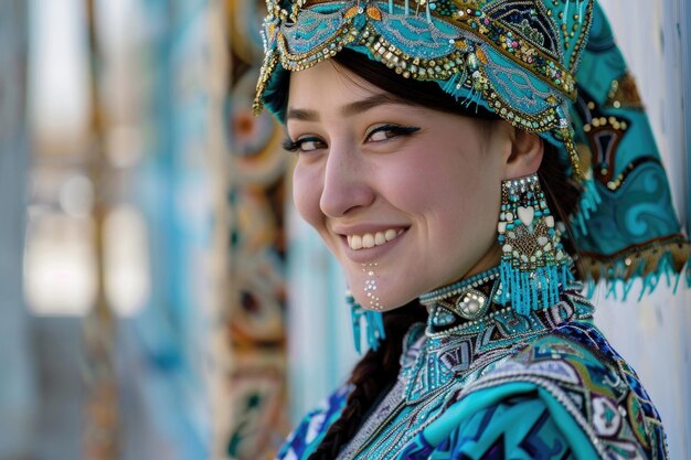 Une jeune femme kazakh joyeuse et belle vêtue de vêtements traditionnels fête le Nowruz