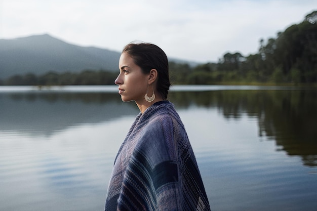 jeune femme, sur, lac, fond, aigenerated, oeuvre