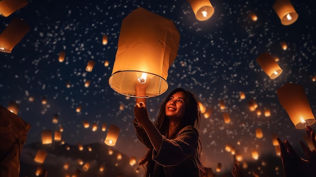 Une jeune femme lance une lanterne céleste vers le ciel nocturne. AI générative