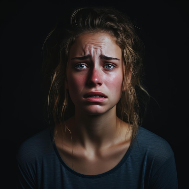 une jeune femme avec des larmes sur le visage.