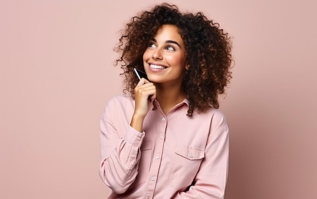 Jeune femme latine bouclée pleine grandeur dans la vingtaine portant une robe rose décontractée sur fond rose