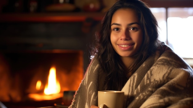 Photo une jeune femme latine couverte d'une couverture boit du thé devant la cheminée.