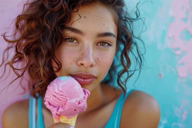 Une jeune femme latine dégustant un cône de crème glacée aux fraises par une journée ensoleillée.