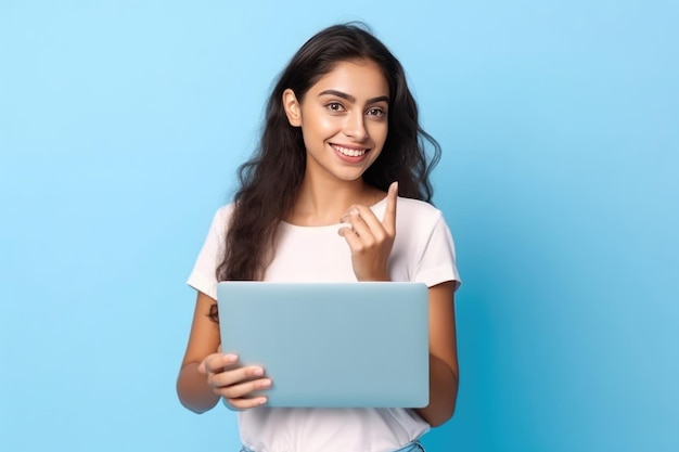 Jeune femme latine heureuse à l'aide d'un appareil portable isolé sur fond bleu